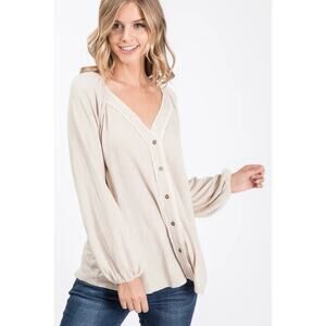 Allie Rose Button Front Oatmeal With Bubble Sleeve Detail M NWT